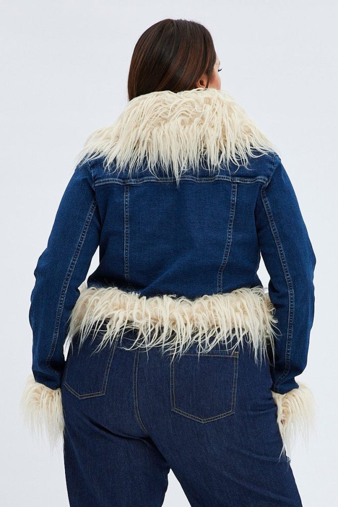 Denim Jacket Shaggy Fur Trim Stretch