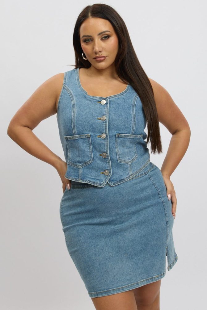 Denim Stretch Button Through Fitted Vest