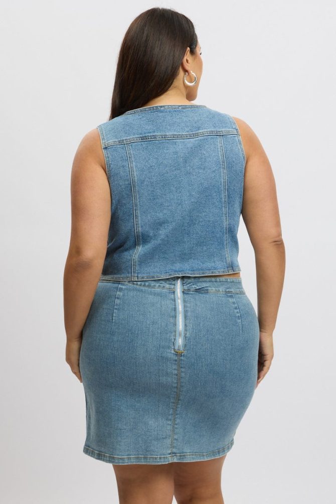 Denim Stretch Button Through Fitted Vest