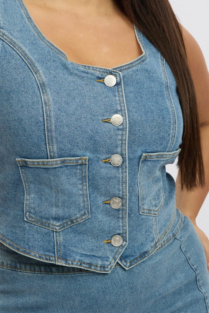 Denim Stretch Button Through Fitted Vest