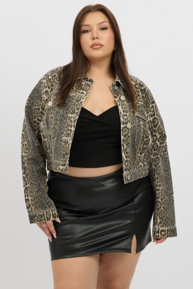 Brown Animal Print Cropped Leopard Washed Jean Jacket