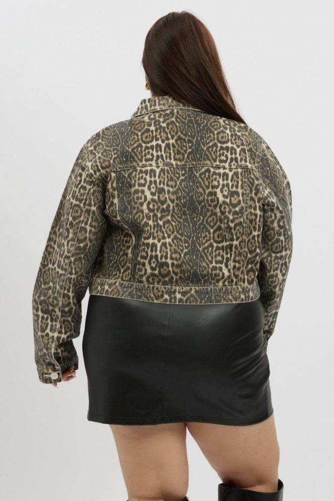 Brown Animal Print Cropped Leopard Washed Jean Jacket