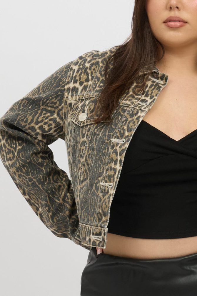 Brown Animal Print Cropped Leopard Washed Jean Jacket