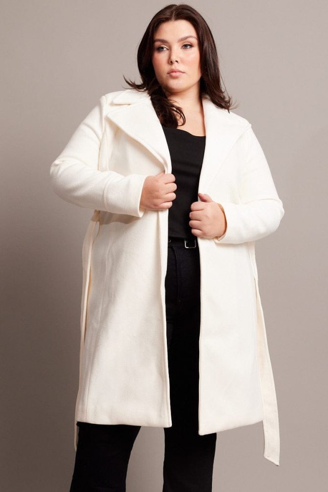 White Long Belted Wrap Coat