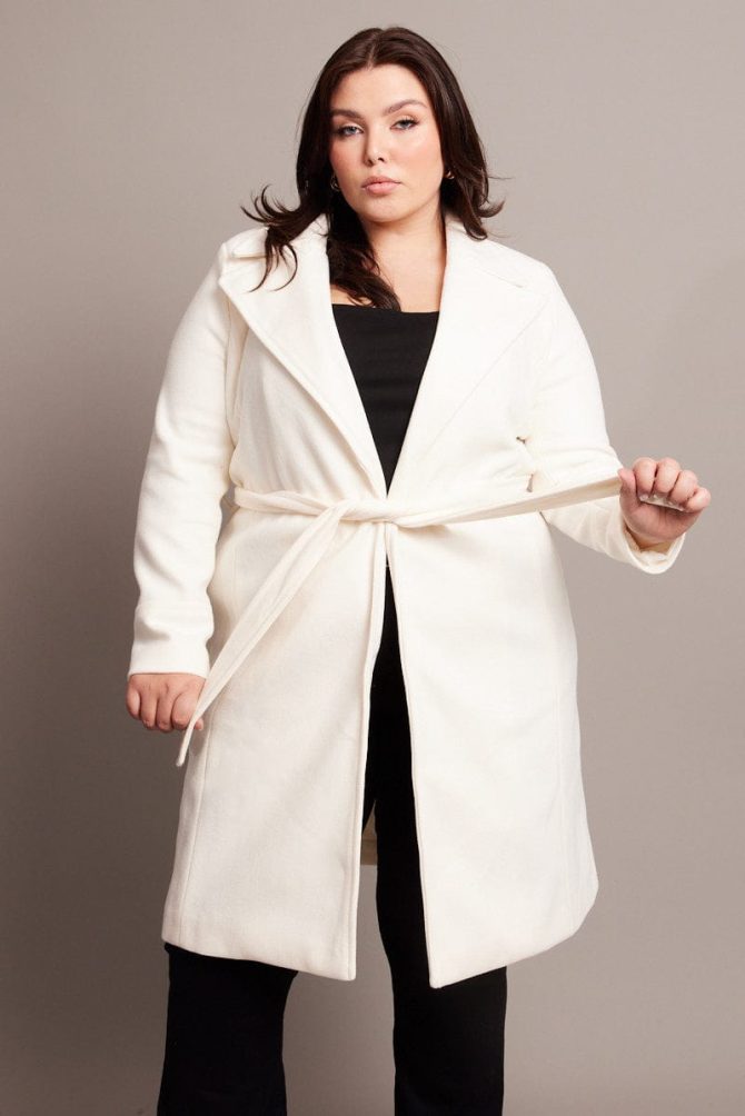 White Long Belted Wrap Coat