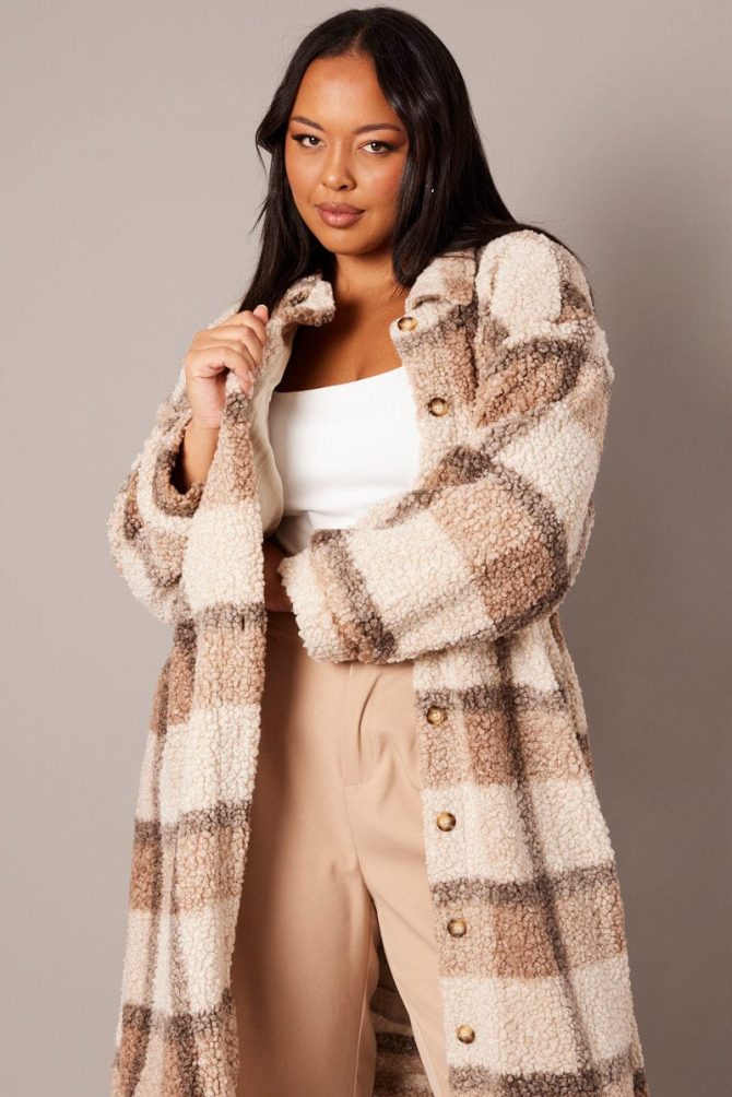 Brown Check Longline Boucle Teddy Coat