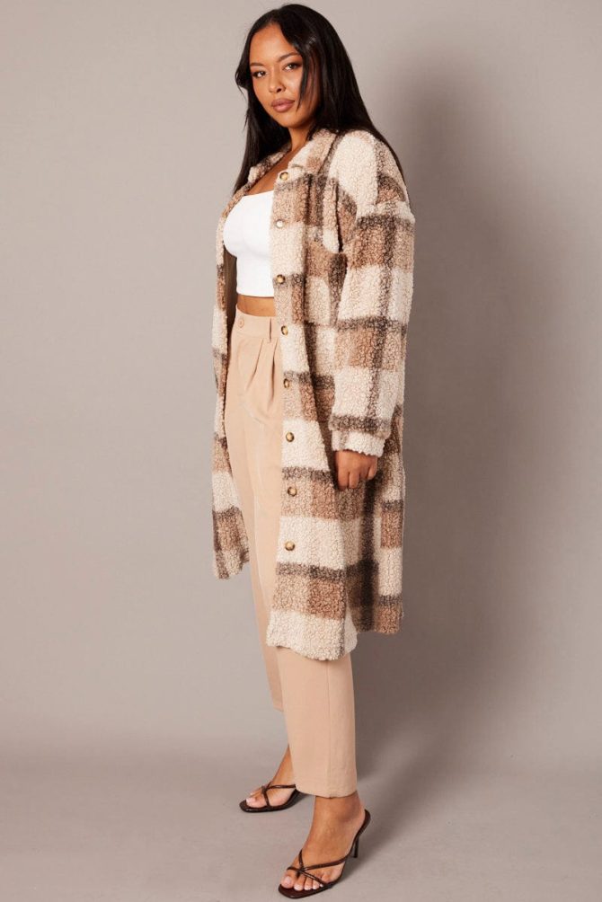 Brown Check Longline Boucle Teddy Coat