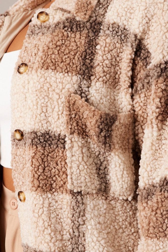 Brown Check Longline Boucle Teddy Coat
