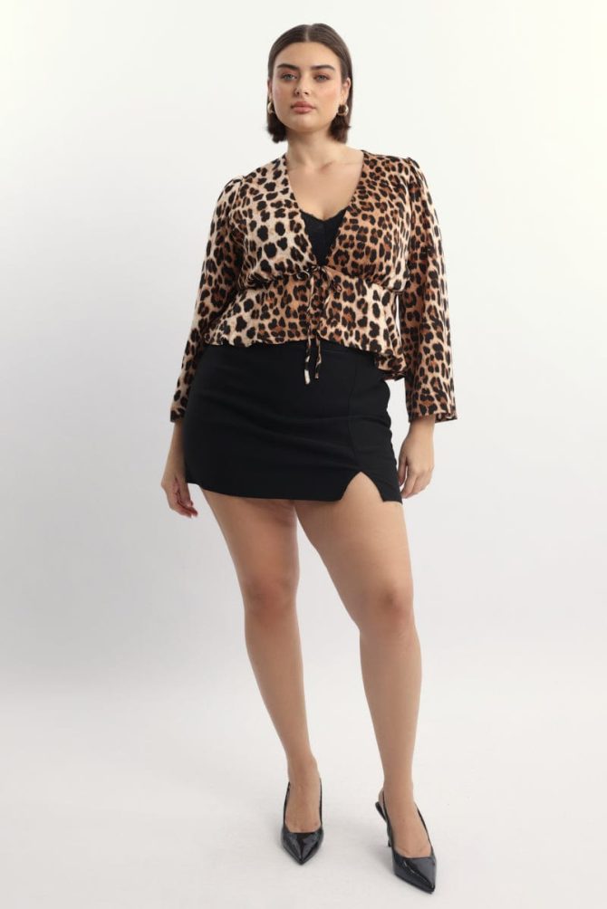 Brown Animal Print Flare Sleeve Tie Top