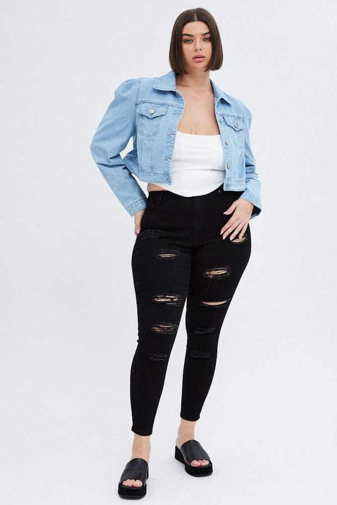 Denim Jacket Puff Sleeve Cropped Fitted