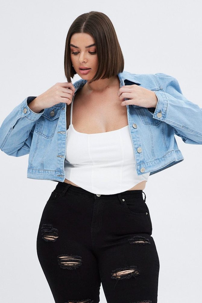 Denim Jacket Puff Sleeve Cropped Fitted