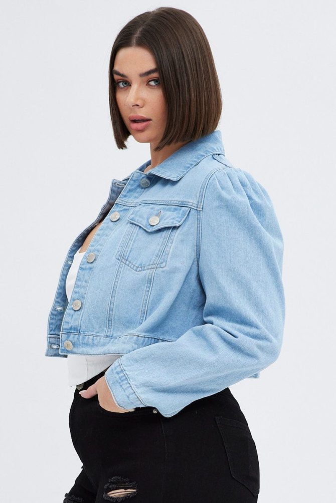 Denim Jacket Puff Sleeve Cropped Fitted
