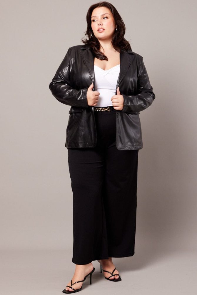 Black Tailored Button Front Faux Leather Blazer