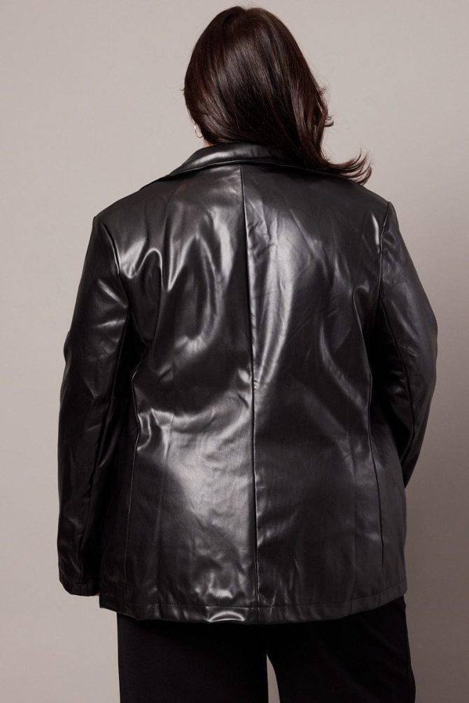 Black Tailored Button Front Faux Leather Blazer
