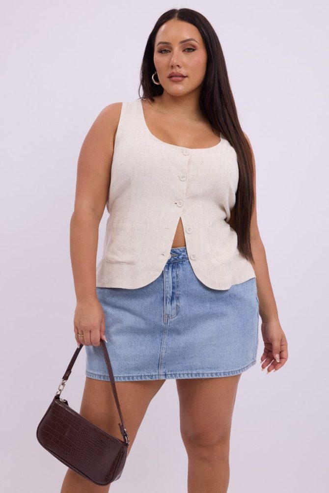 Beige Scoop Neck Linen Blend Tie Back Vest