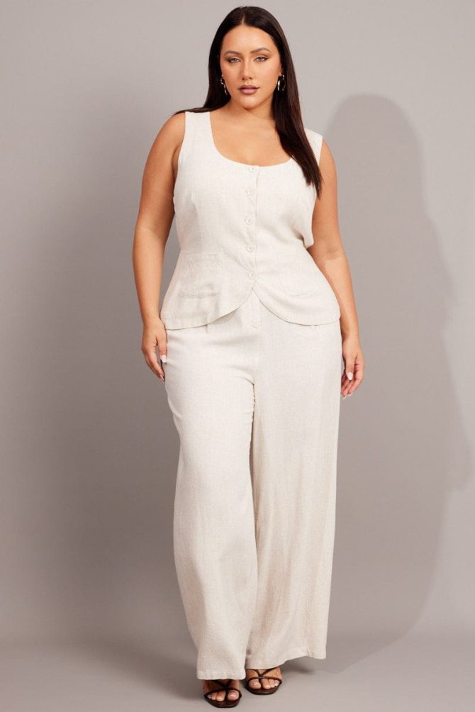 Beige Scoop Neck Linen Blend Tie Back Vest