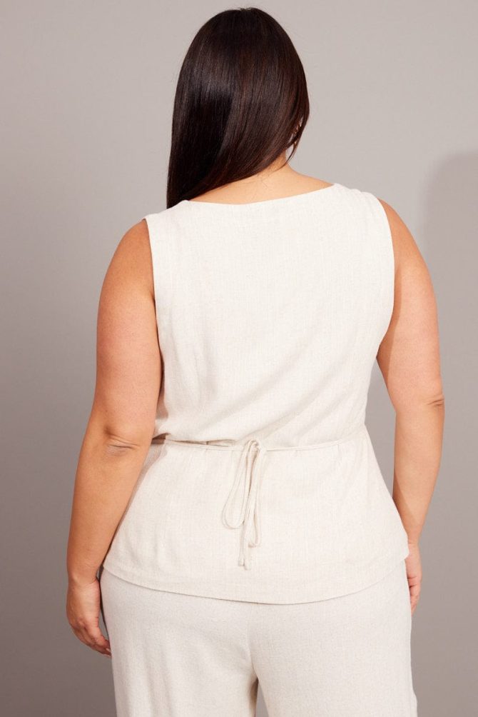 Beige Scoop Neck Linen Blend Tie Back Vest