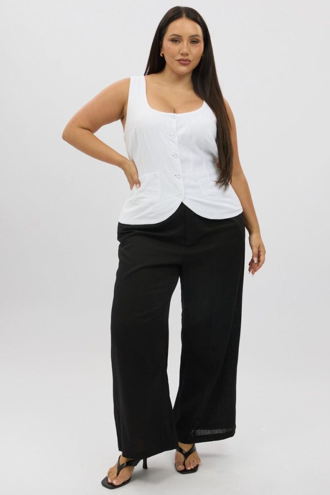 White Scoop Neck Linen Blend Tie Back Vest