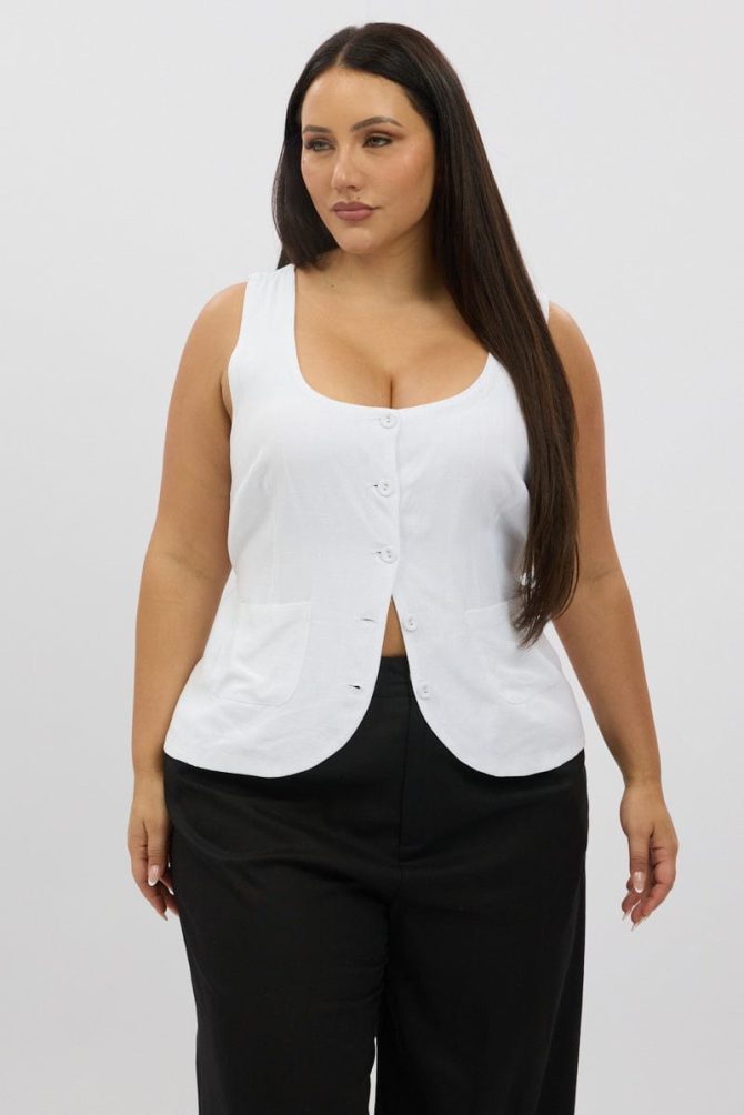White Scoop Neck Linen Blend Tie Back Vest