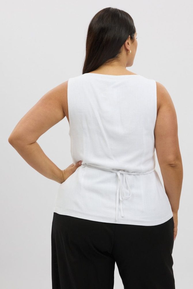 White Scoop Neck Linen Blend Tie Back Vest