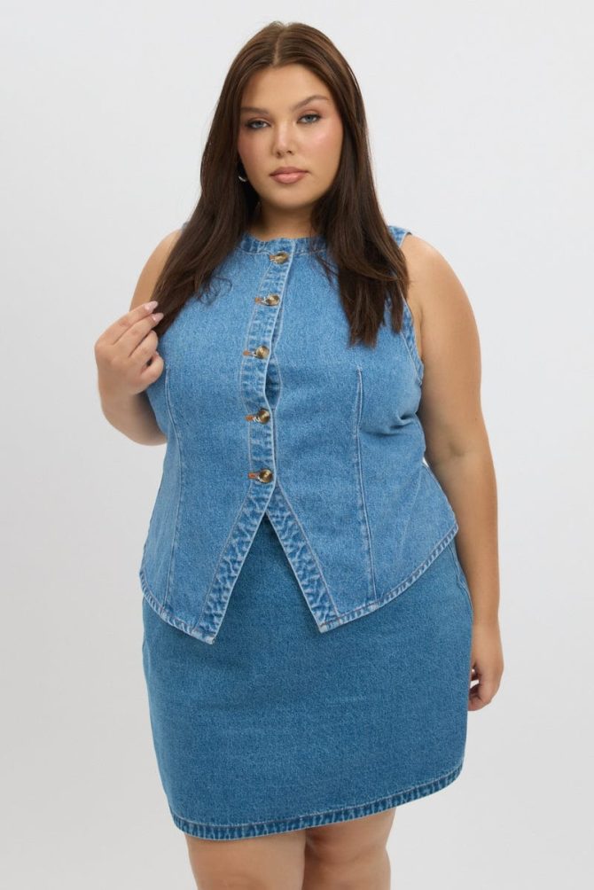 Denim Fitted Button Through Sleeveless Vest