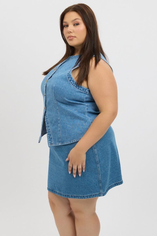 Denim Fitted Button Through Sleeveless Vest
