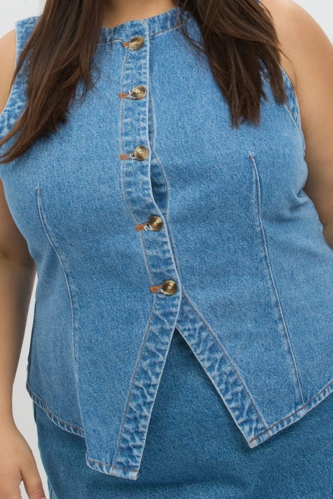 Denim Fitted Button Through Sleeveless Vest