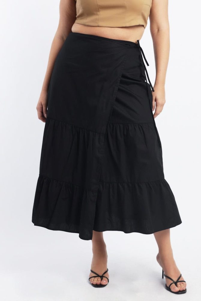 Black Wrap Cotton Poplin Blend Maxiskirt