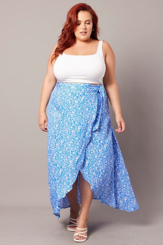 Blue Ditsy Wrapover Maxi Skirt