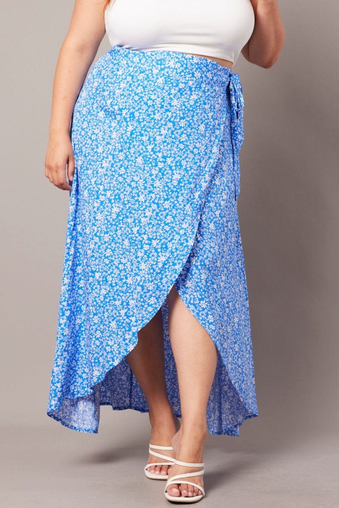 Blue Ditsy Wrapover Maxi Skirt