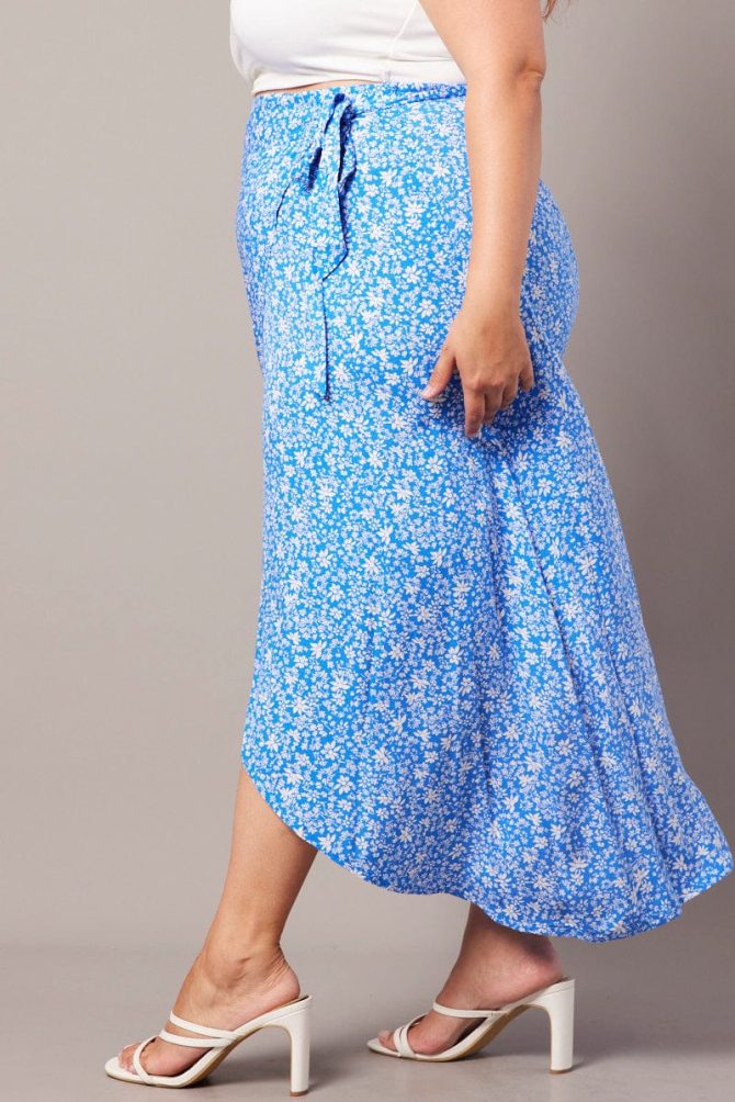 Blue Ditsy Wrapover Maxi Skirt