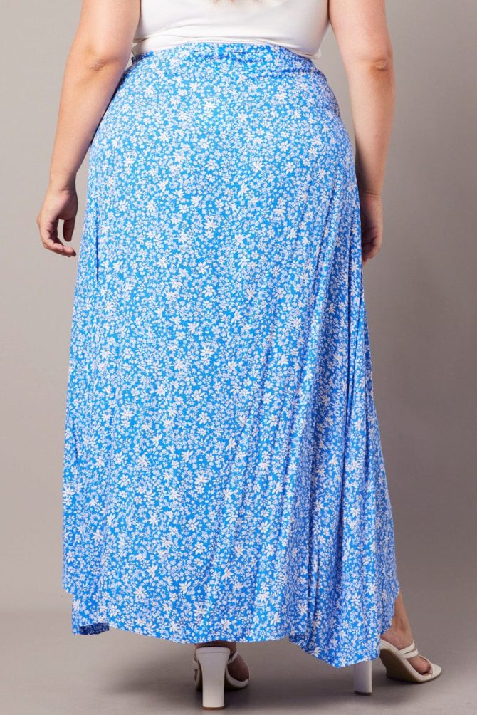 Blue Ditsy Wrapover Maxi Skirt