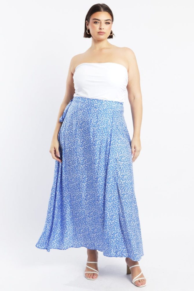 Blue Ditsy Wrap Maxi Skirt