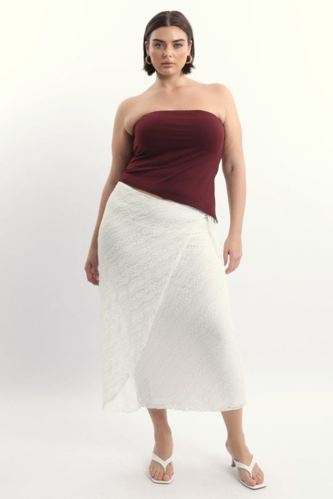 White Stretch Lace Wrap Maxi Skirt