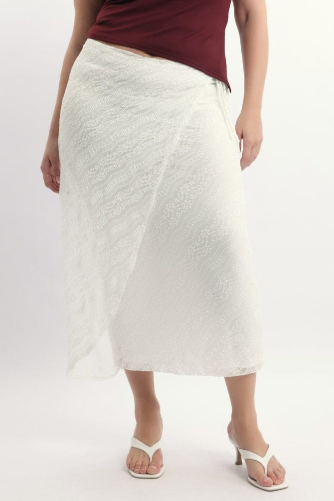 White Stretch Lace Wrap Maxi Skirt