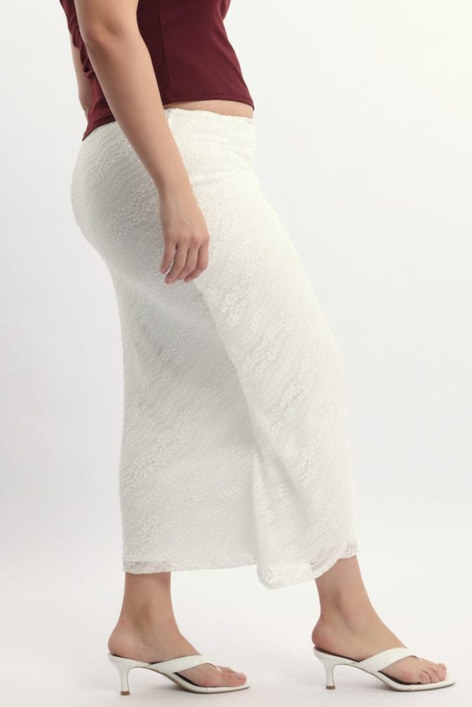 White Stretch Lace Wrap Maxi Skirt