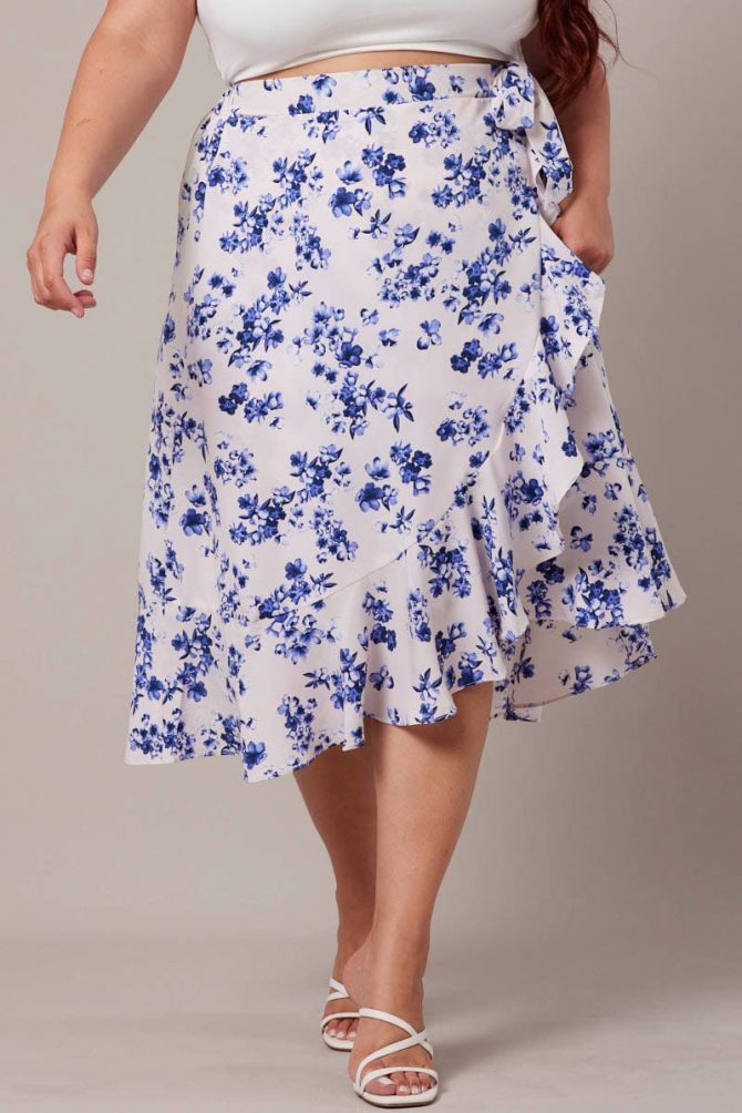 White Ditsy Wrap Frill Midi Skirt