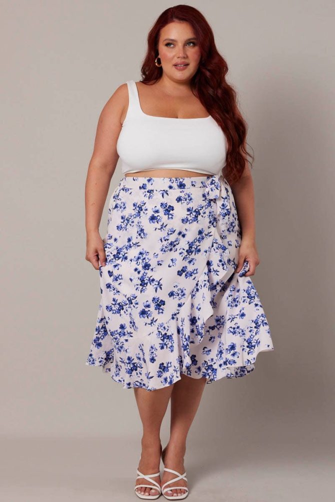 White Ditsy Wrap Frill Midi Skirt