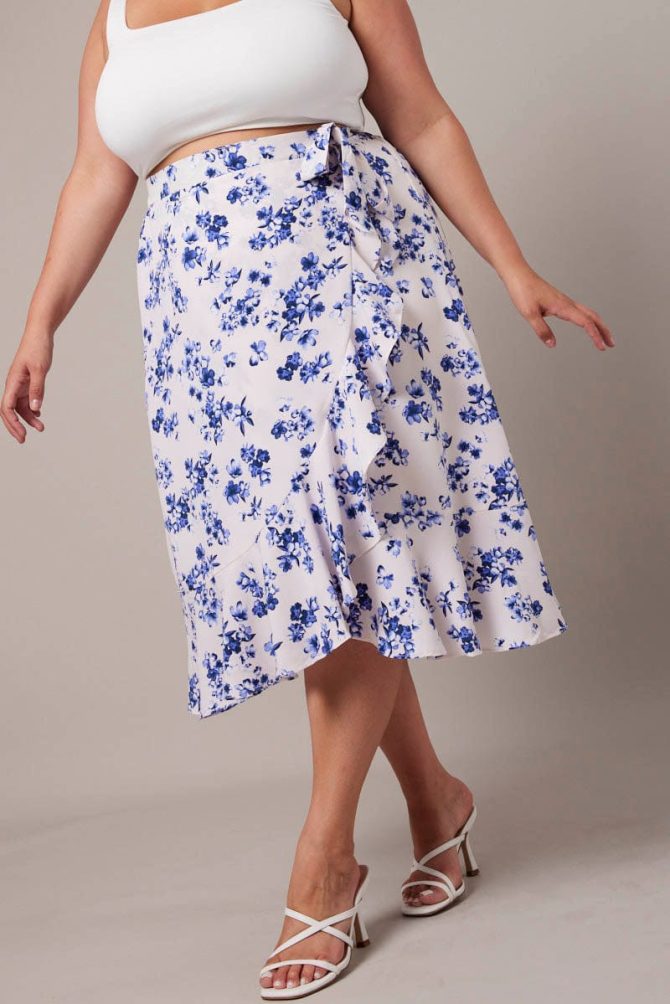 White Ditsy Wrap Frill Midi Skirt