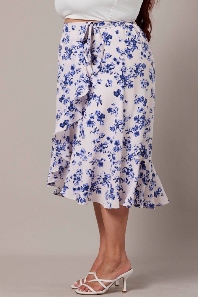 White Ditsy Wrap Frill Midi Skirt