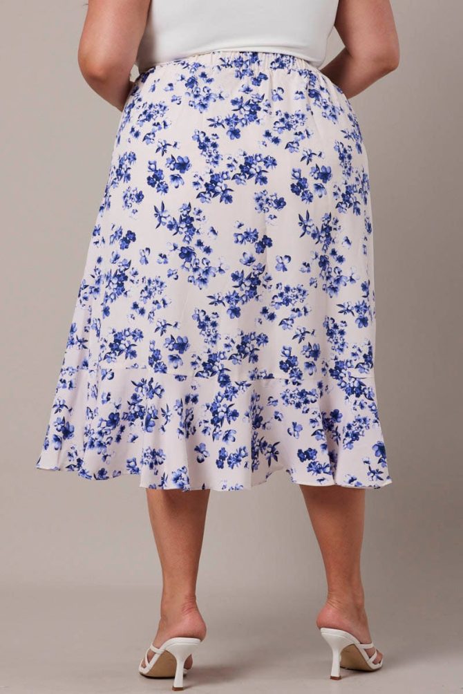 White Ditsy Wrap Frill Midi Skirt