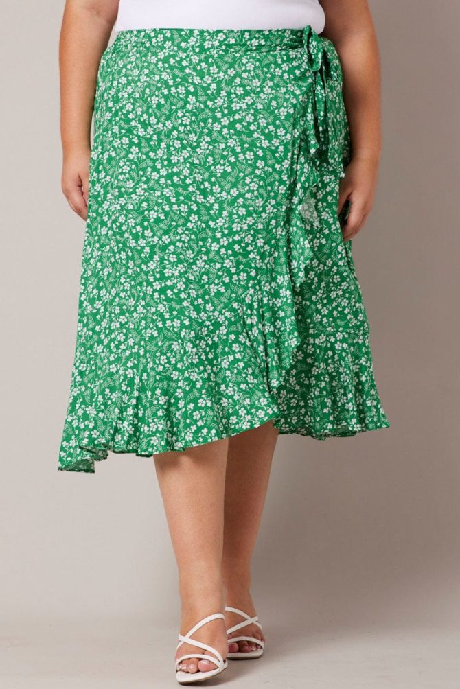 Green Ditsy Wrapover Frill Rayon Midi Skirt