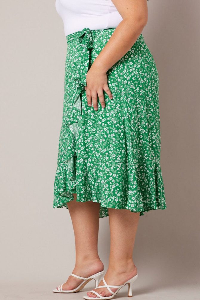 Green Ditsy Wrapover Frill Rayon Midi Skirt