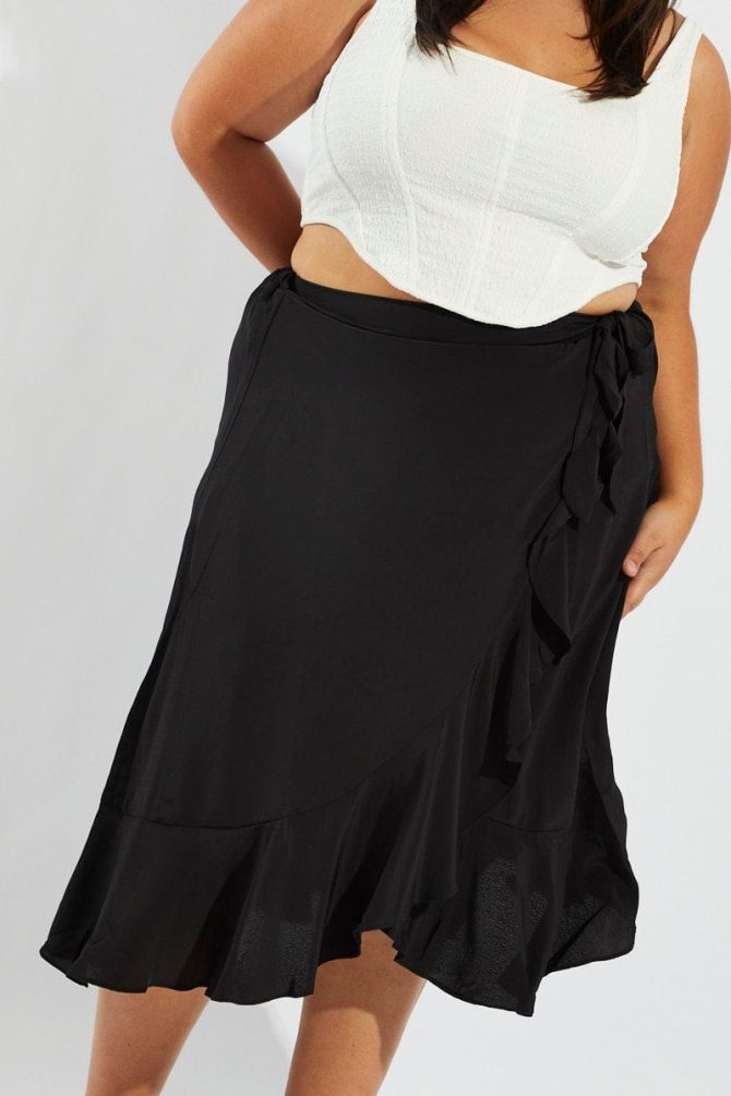 Black Wrap Frill Midi Skirt