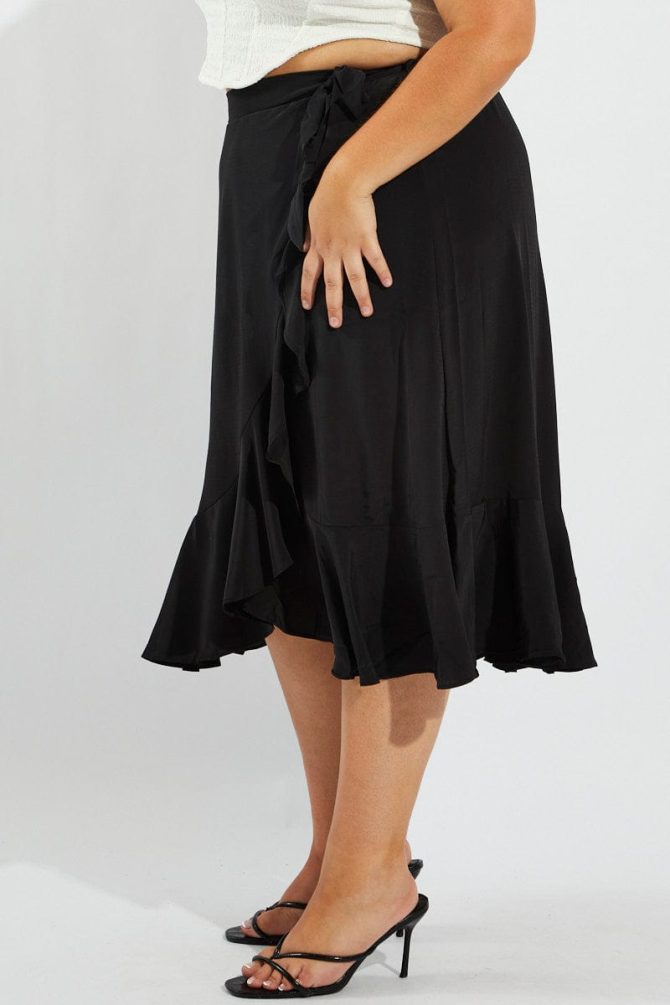Black Wrap Frill Midi Skirt
