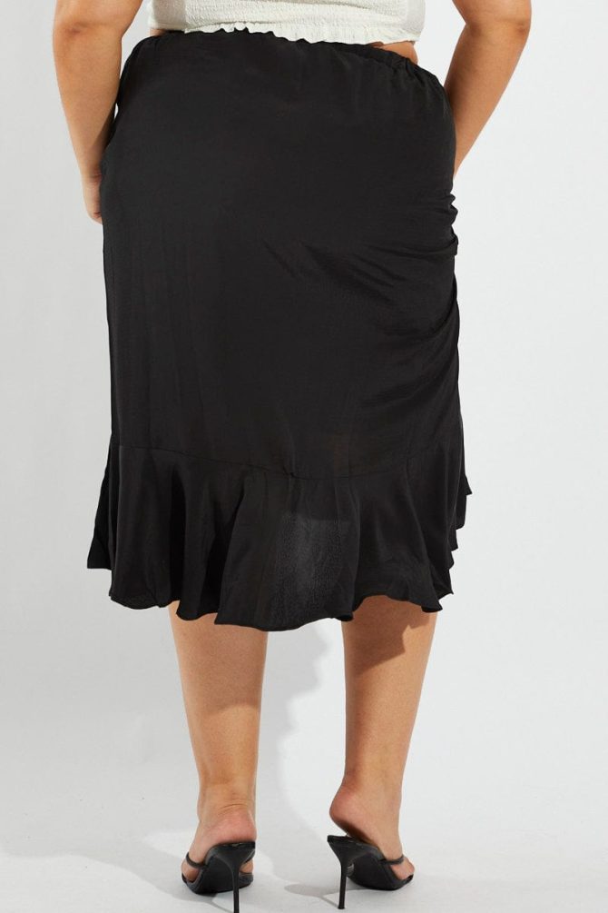 Black Wrap Frill Midi Skirt