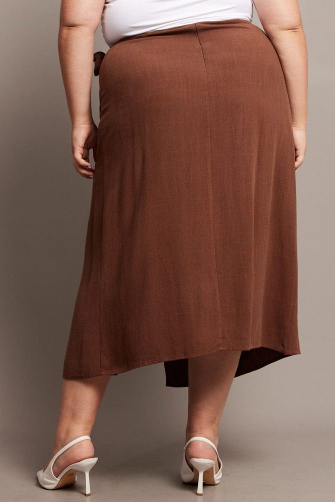 Brown Faux Wrap Linen Blend Midi Skirt
