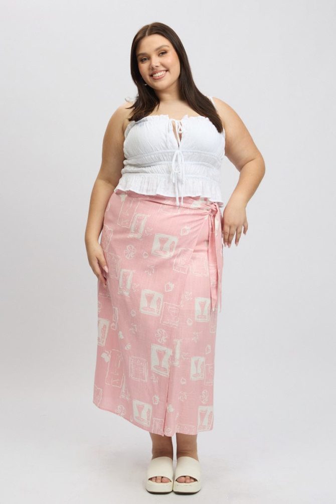 Pink Abstract Faux Wrap Linen Blend Midi Skirt