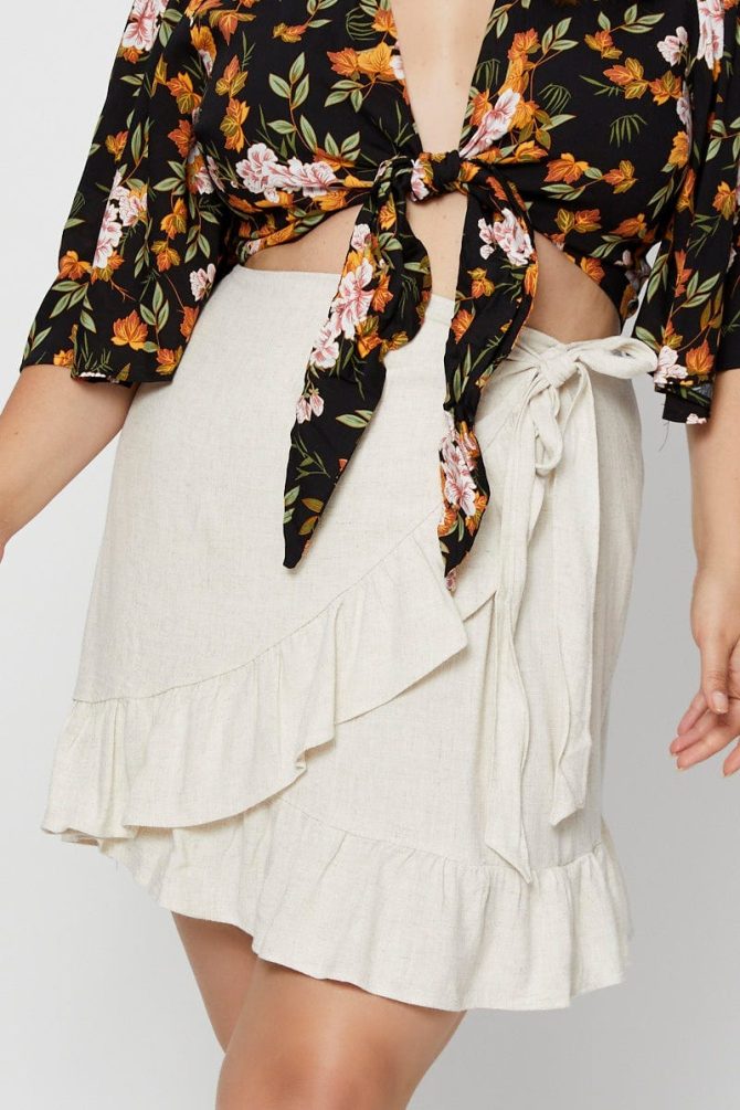 Beige Mini Wrap Skirt Linen Blend Ruffle Hem