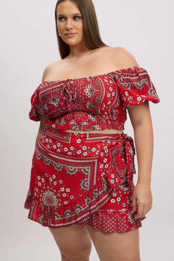 Red Boho Frill Wrap Mini Skirt